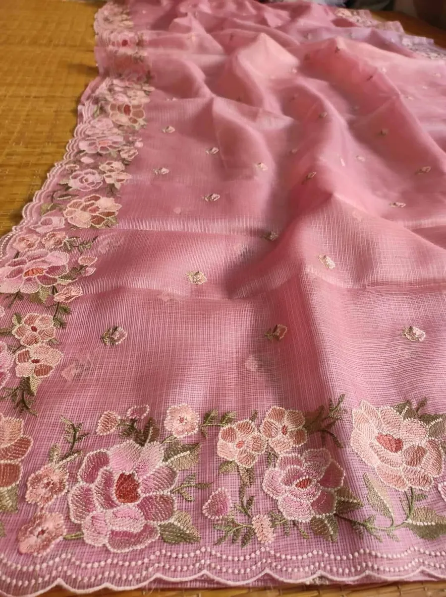 Ethereal Grace: Intricately Embroidered Kota Doria Saree